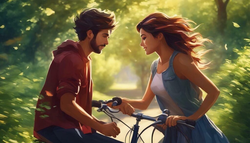 verliebte Paare mit Fahrrädern in der Natur