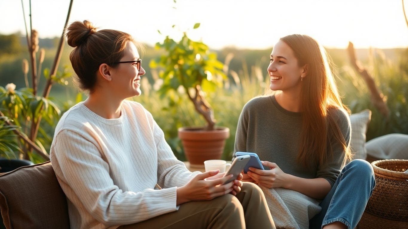 Zwei Personen genießen Selbstfürsorge in der Natur.