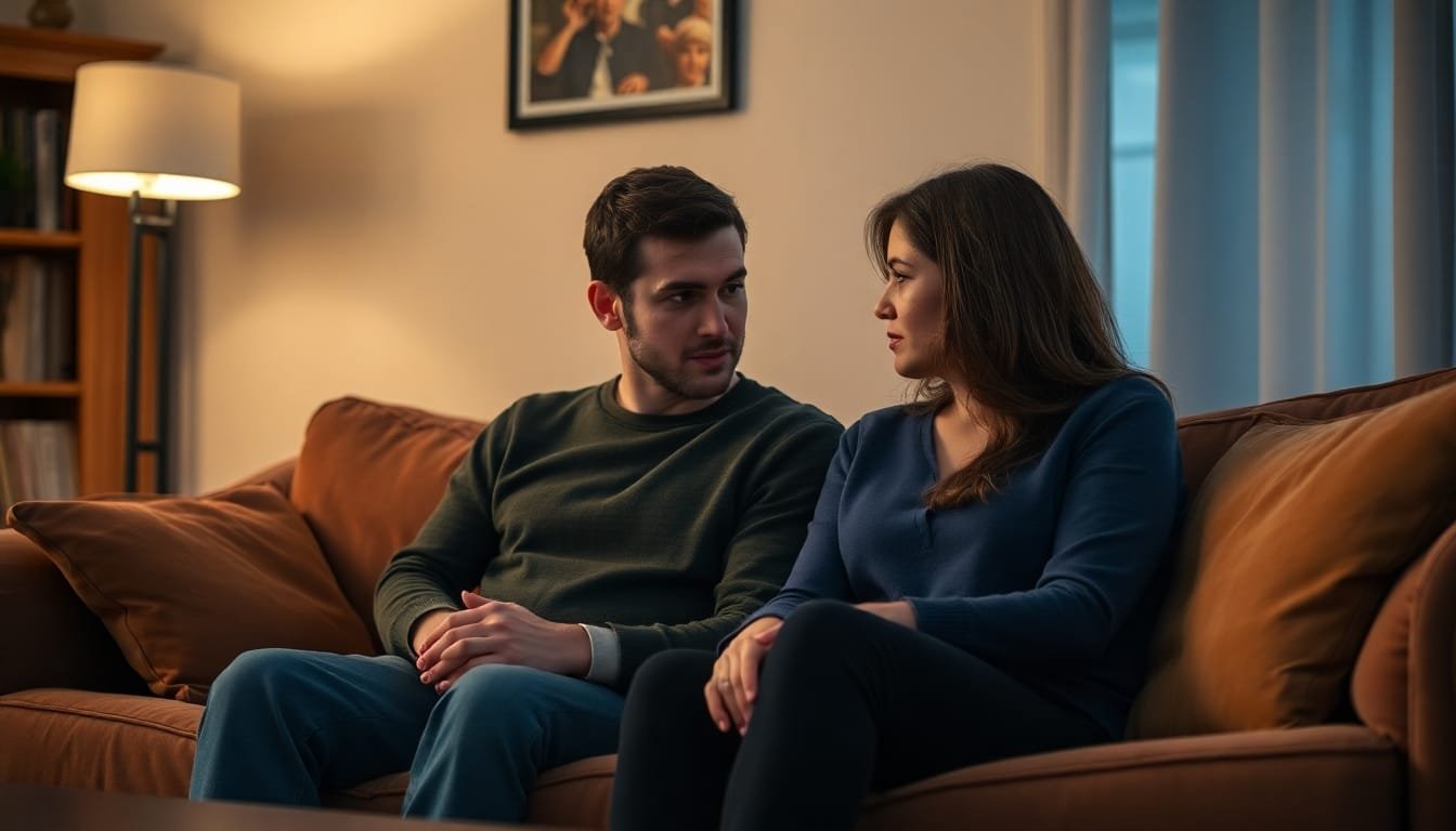 Couple discussing on a couch in a living room.