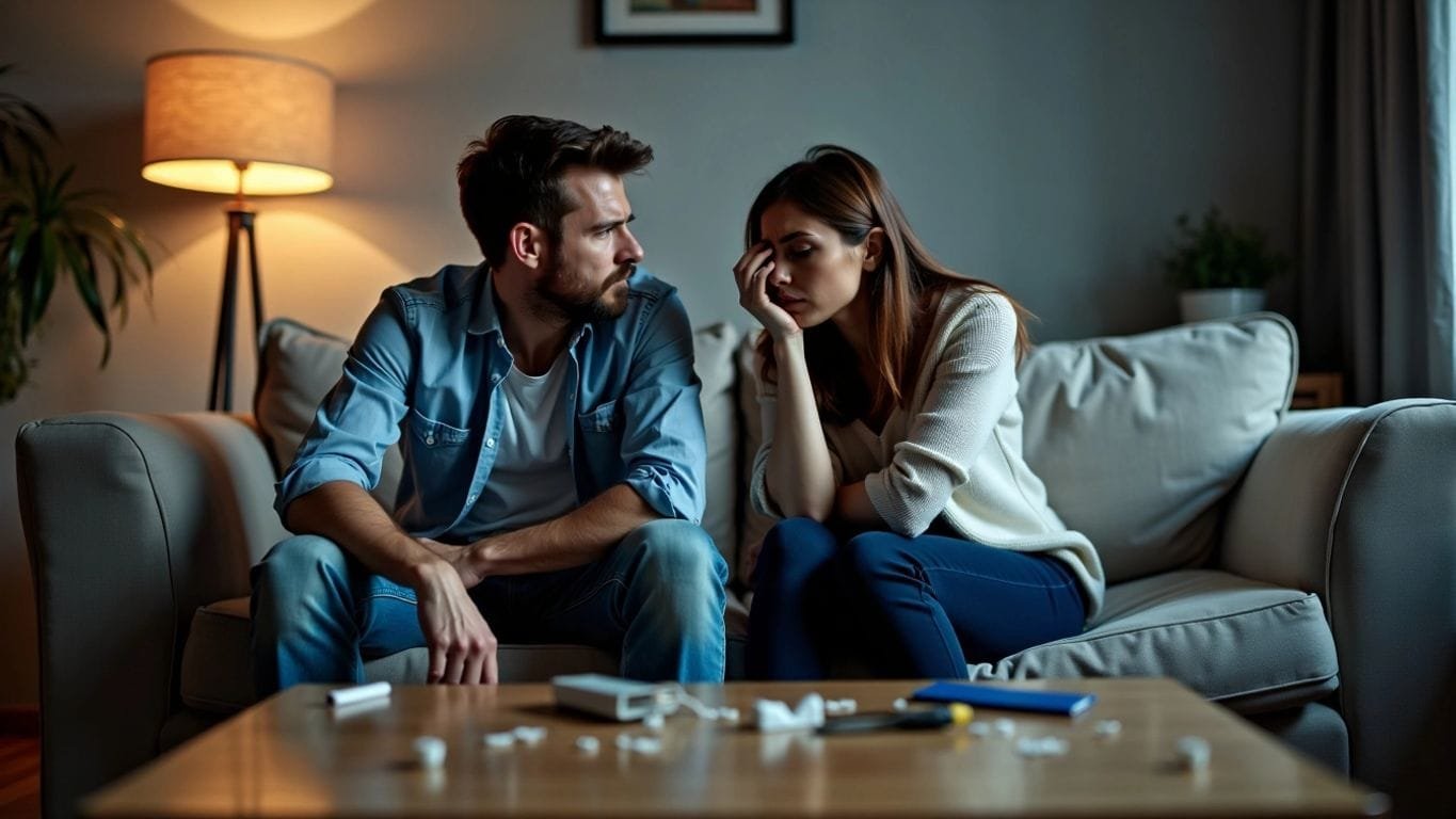 WAS BLOCKIERT DEIN LIEBESLEBEN, Ein Paar sitzt getrennt auf einer Couch.