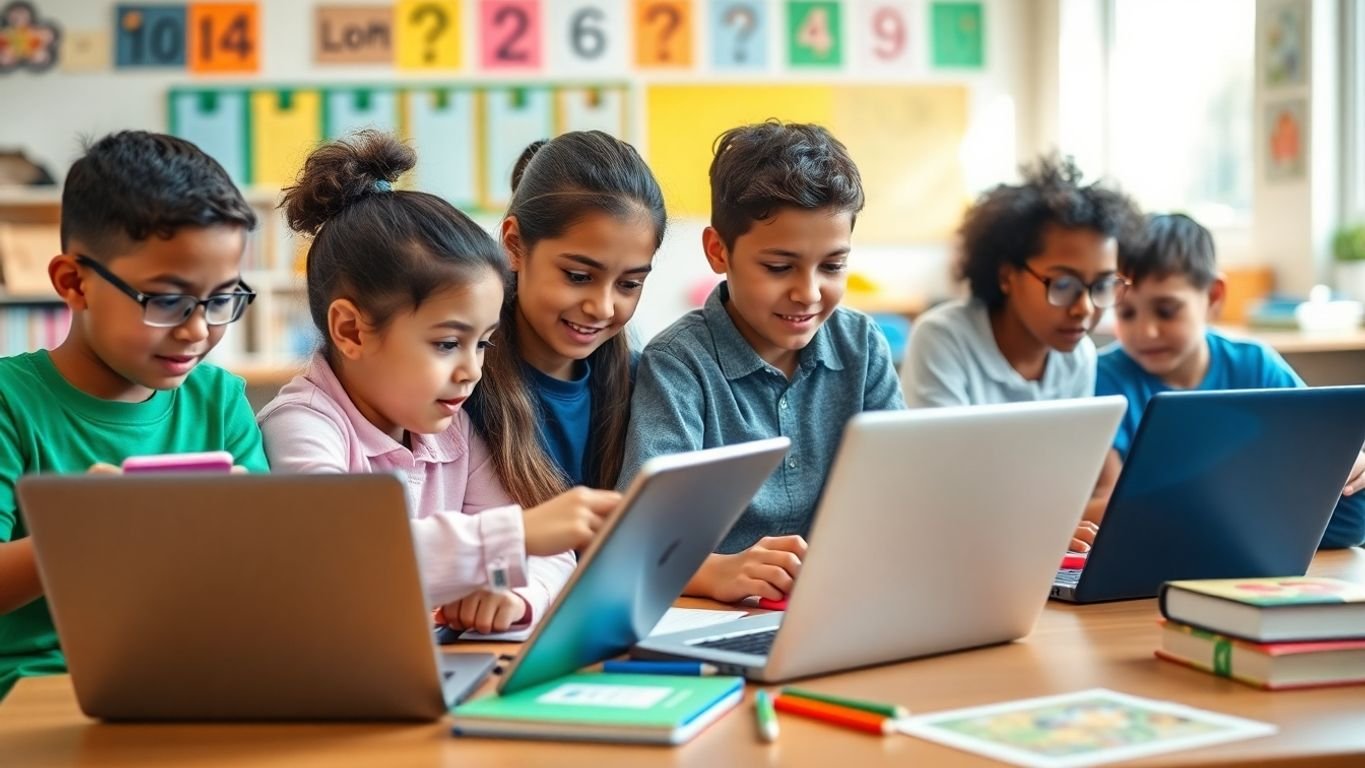 Gruppe von Schülern mit Laptops in einem Klassenzimmer.