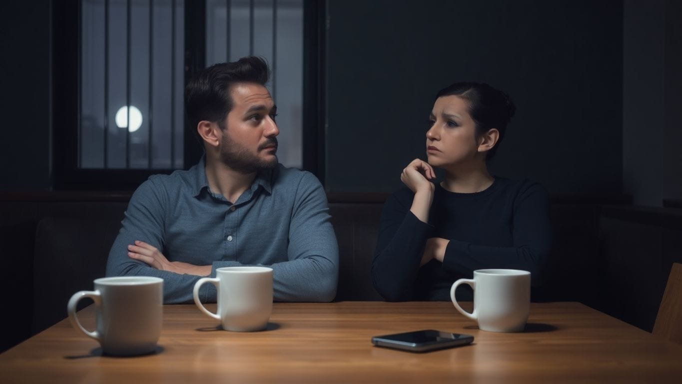 Ein Paar sitzt getrennt am Tisch, besorgt blickend.