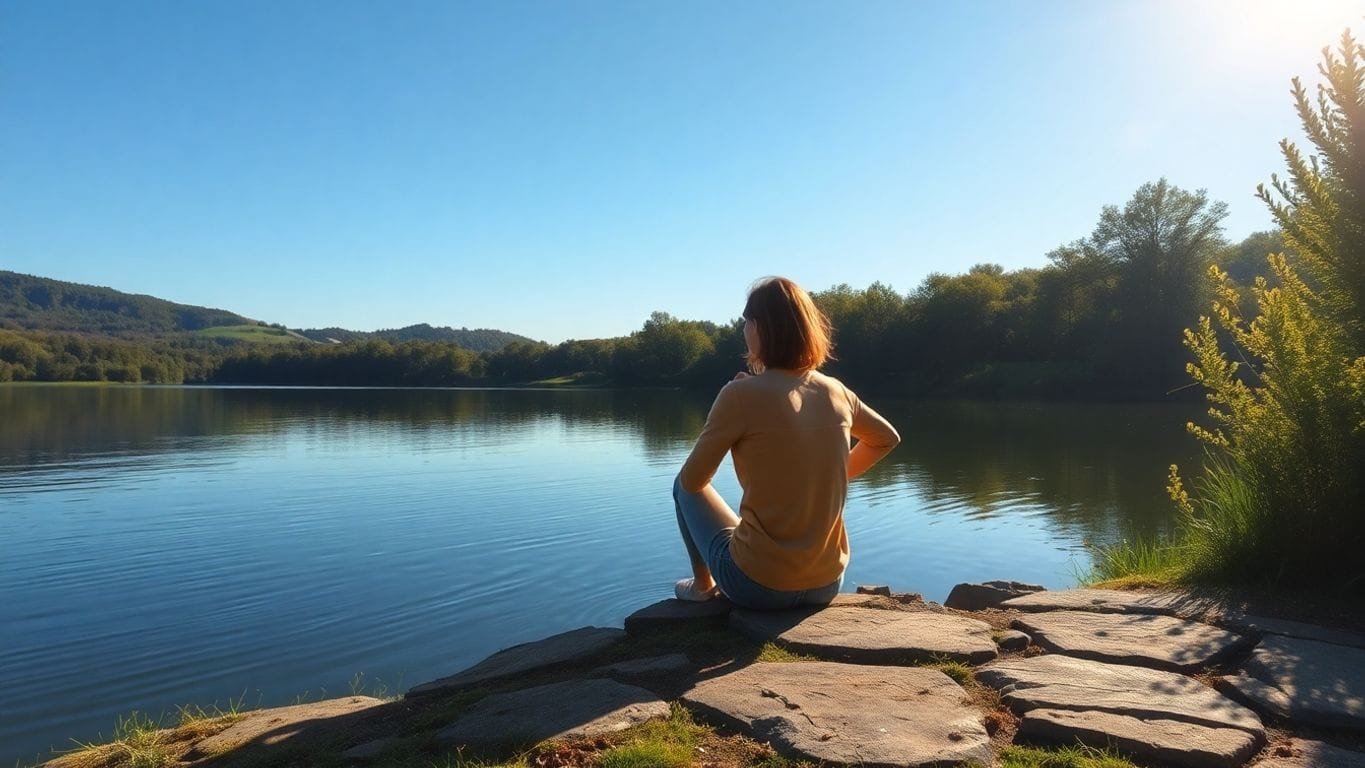 Person am See, nachdenklich und friedlich.