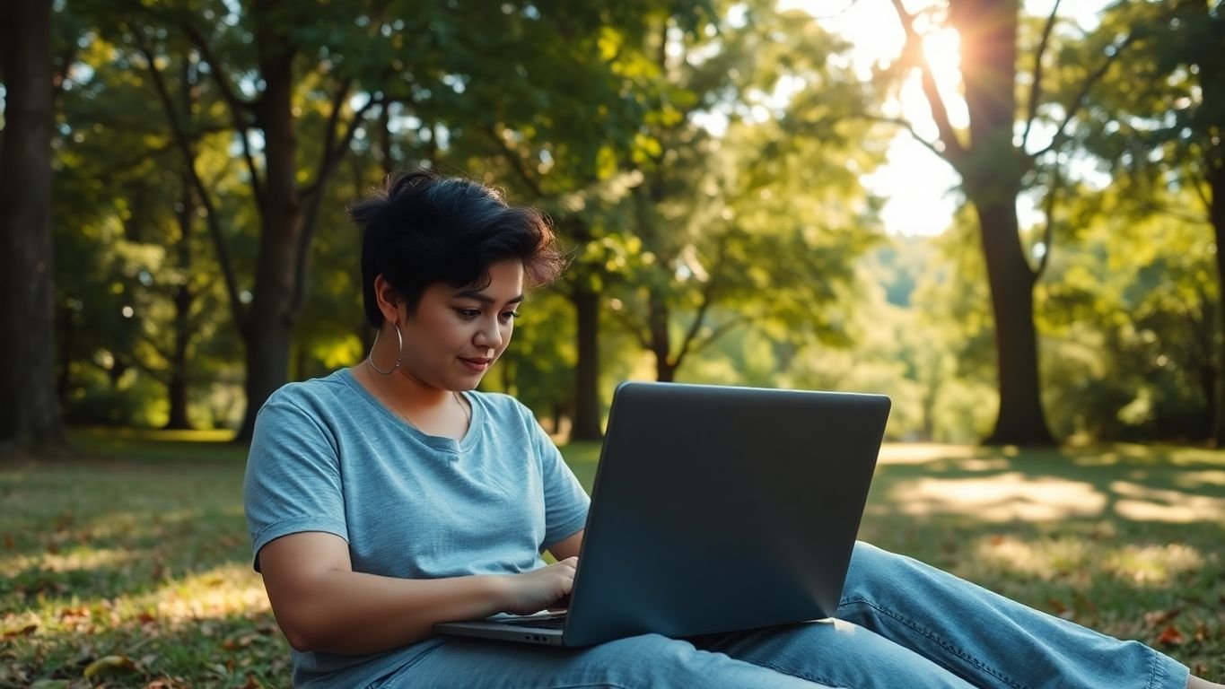 Person am Laptop in der Natur, umgeben von Bäumen.