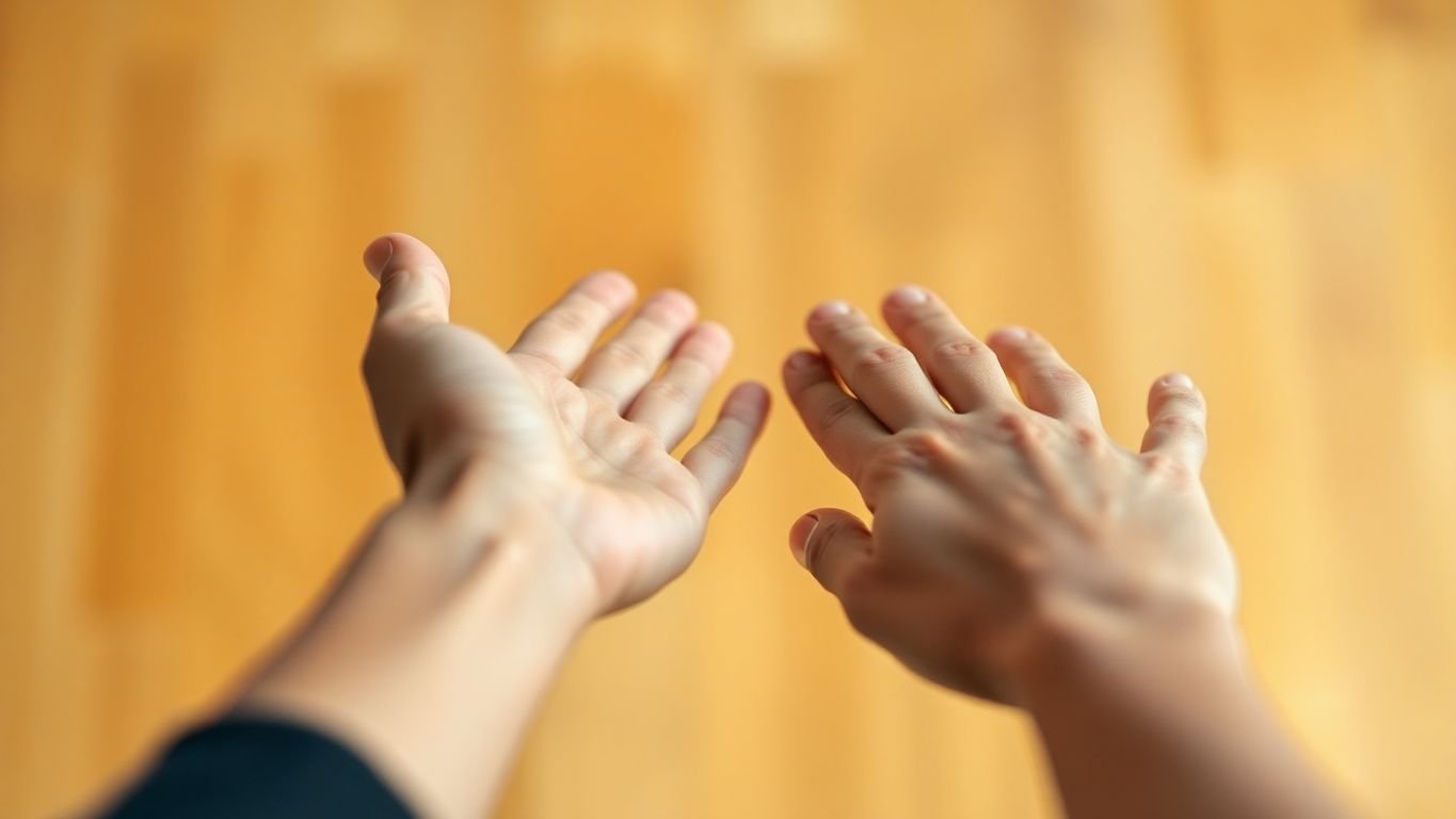 Zwei Hände, die sich erreichen, vor einem unscharfen Hintergrund.