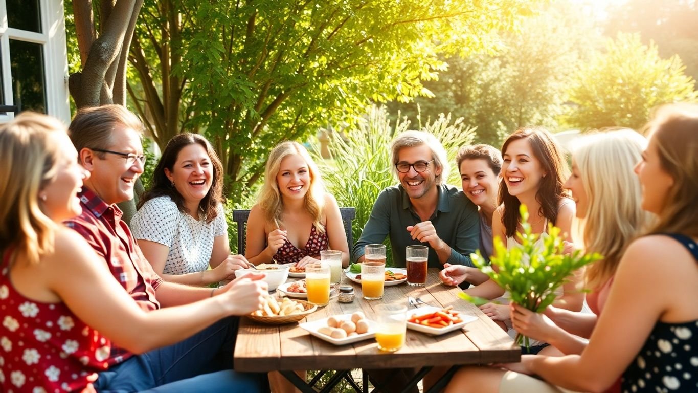 Gruppe von Freunden, die im Freien zusammen lachen.