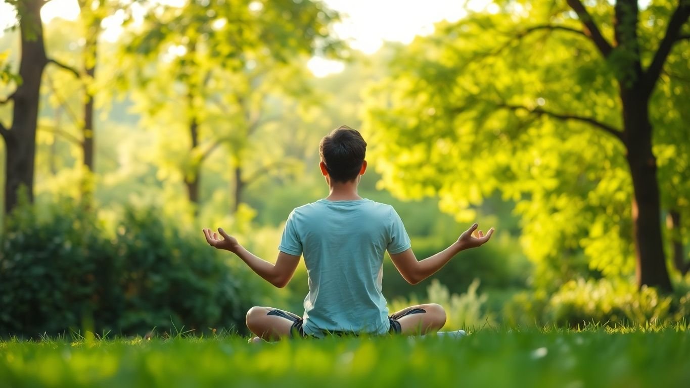 Person meditiert in der Natur, umgeben von Bäumen.