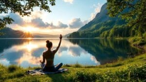 Frau macht Yoga am See bei Sonnenaufgang.