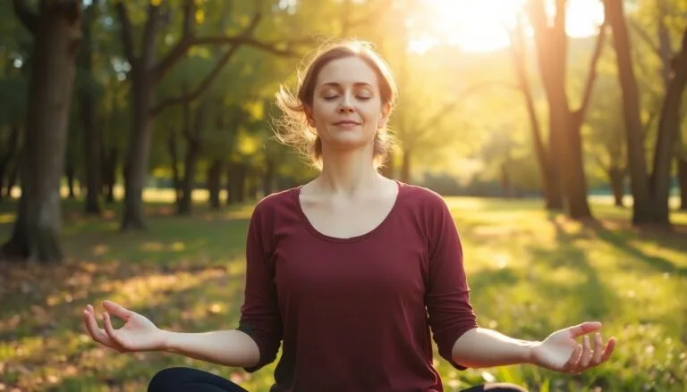 Die 21-Tage-Regel für neue Gewohnheiten,Woman practicing mindfulness in a tranquil natural setting.