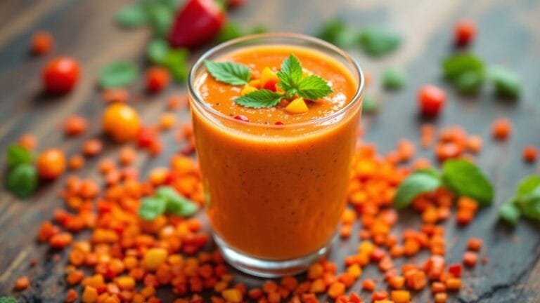 Paprika-Smoothie in einem Glas mit frischen Kräutern.