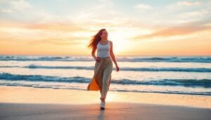 A confident woman walking on a beach at sunset.