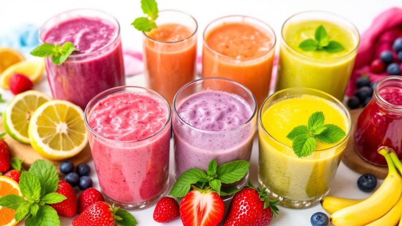 Bunte Smoothies in Gläsern mit frischen Früchten.