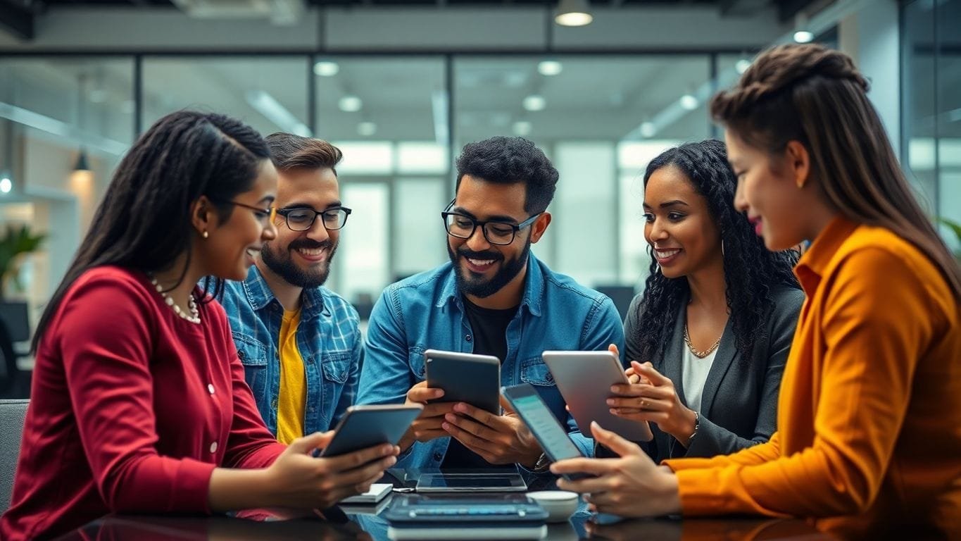 Menschen diskutieren in einem modernen digitalen Umfeld.