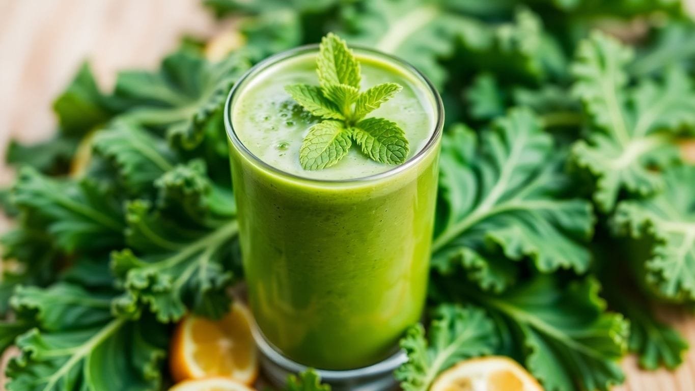 Grüner Grünkohl Smoothie in einem Glas.