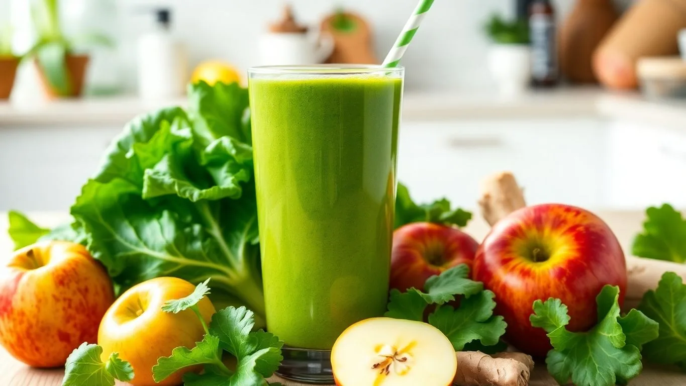 Grüner Wirsing Smoothie in einem Glas mit Strohhalm.