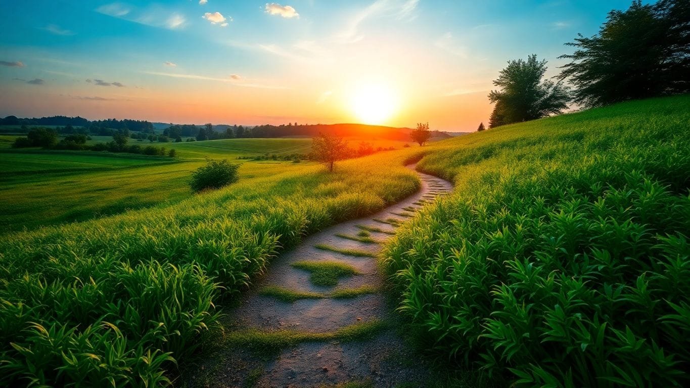 Ein ruhiger Weg durch grüne Landschaft.