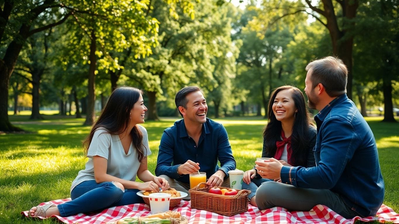 Zwei Paare genießen ein Picknick im Park.