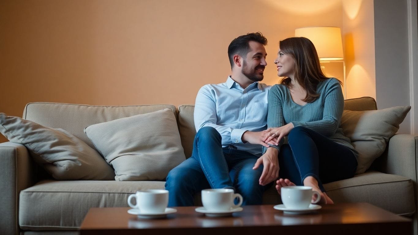 Ein Paar sitzt nachdenklich auf einer Couch.