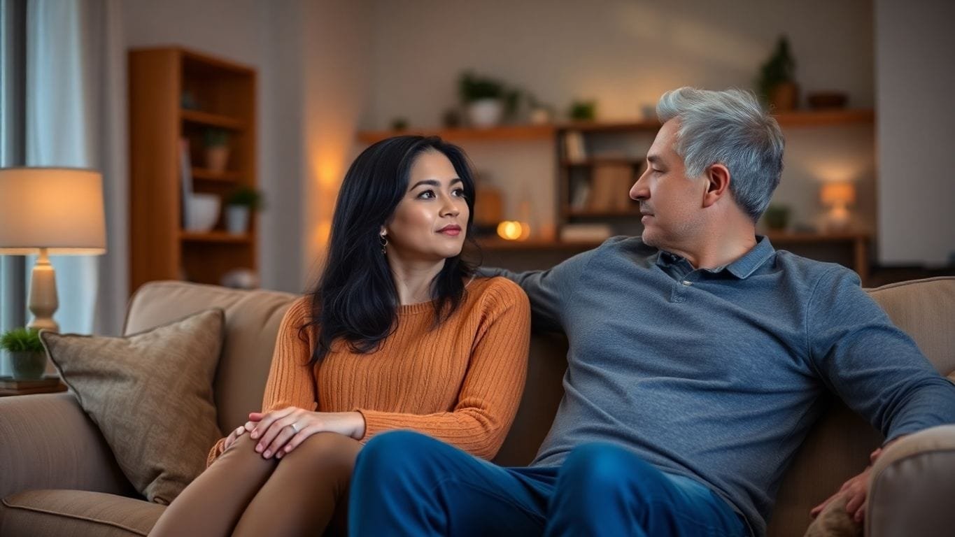 Paar sitzt nachdenklich auf der Couch.