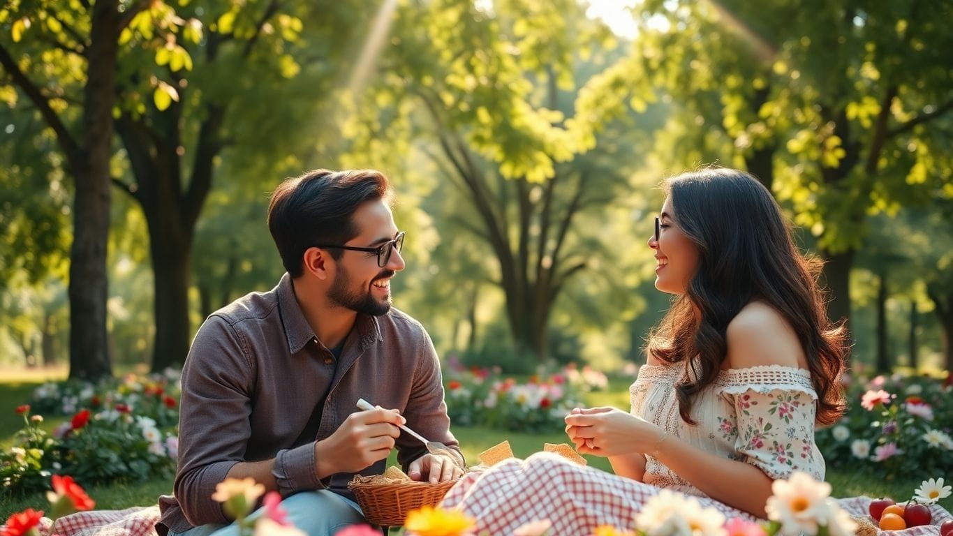 Paar genießt Zeit im Park bei einem Picknick.