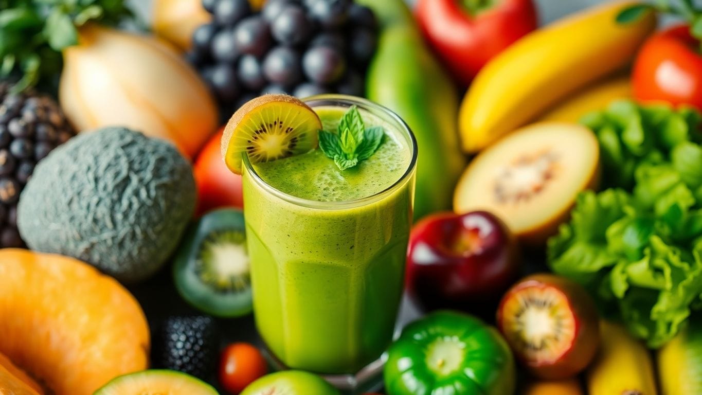 Bunte Früchte und Gemüse um ein Glas Smoothie.Smoothies selber machen