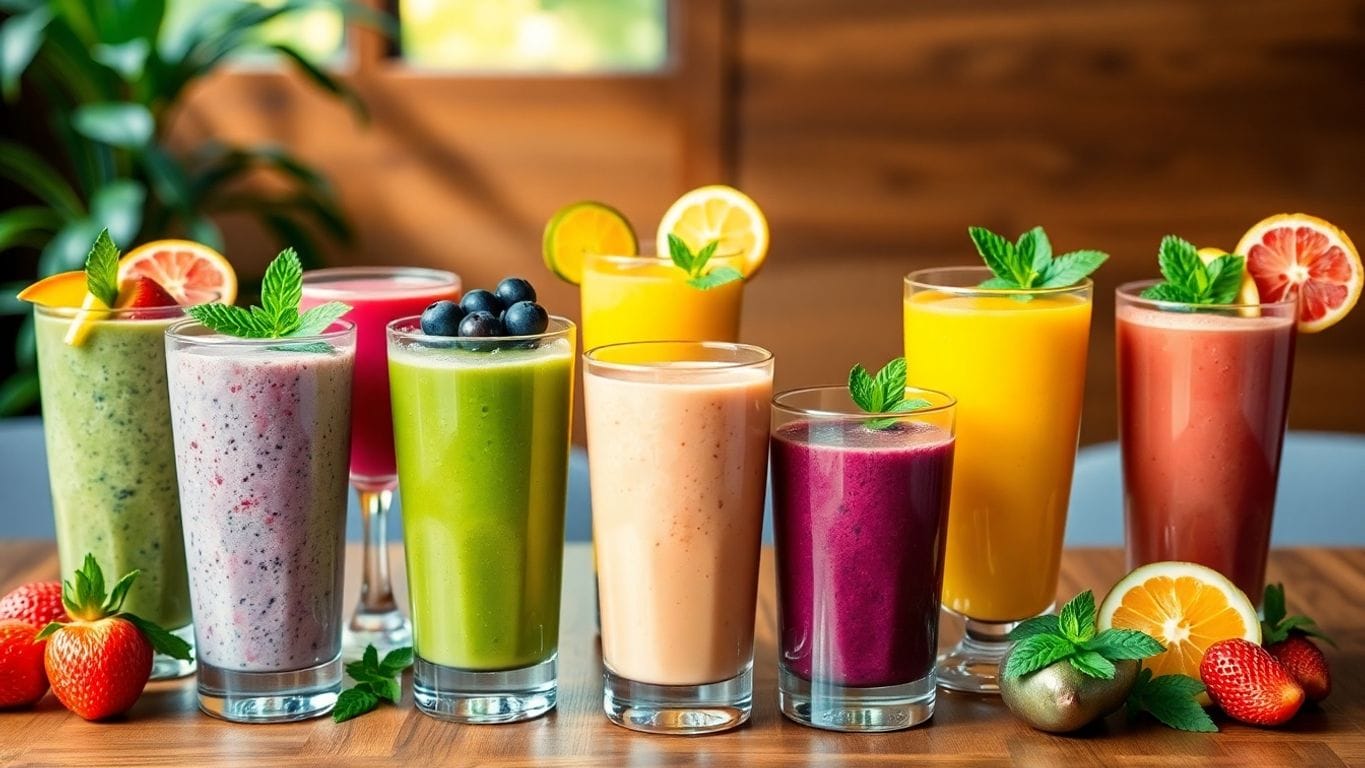 Bunte Smoothies in Gläsern mit frischen Früchten.