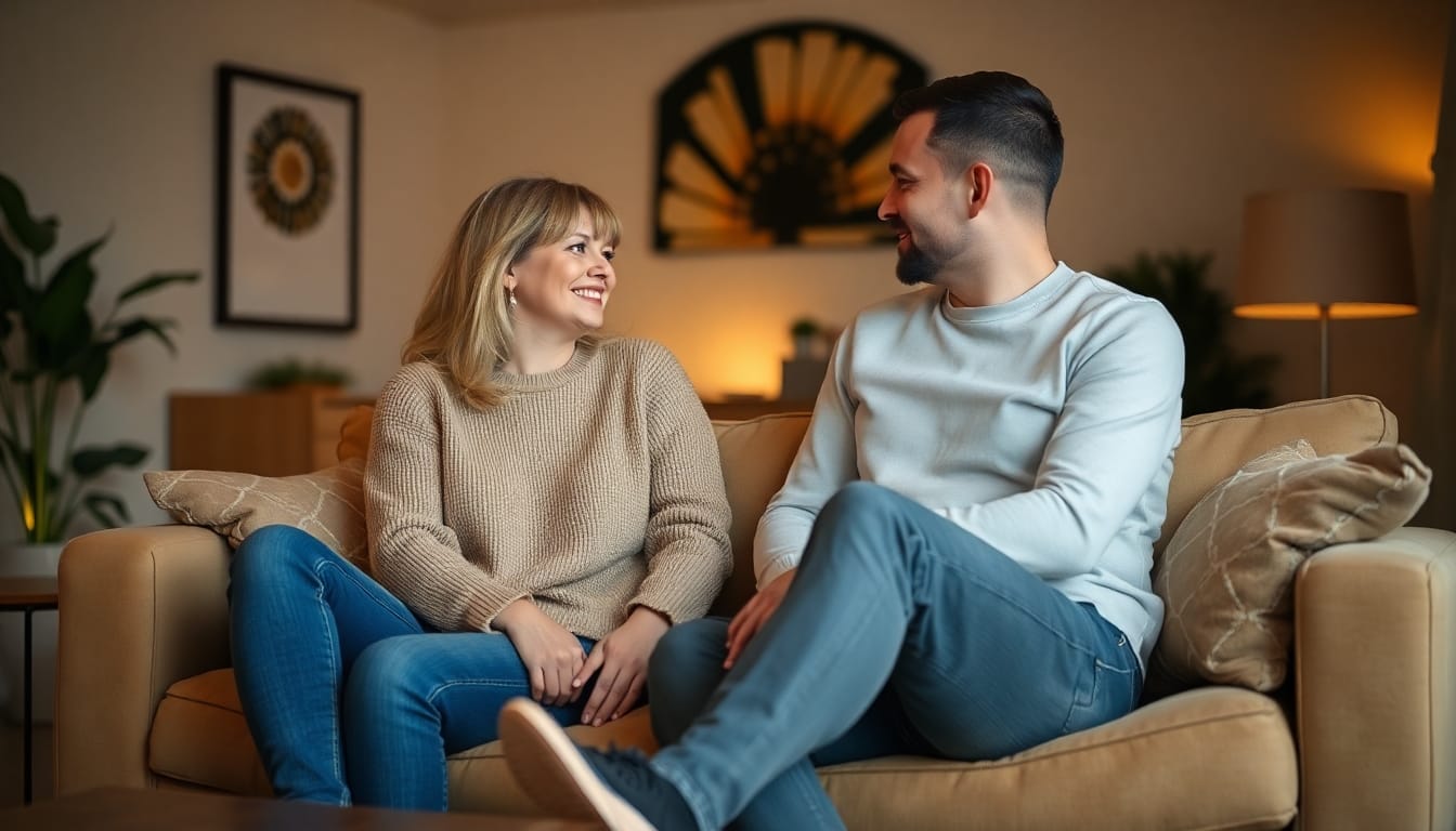 Couple sharing a trusting moment in a cozy setting.