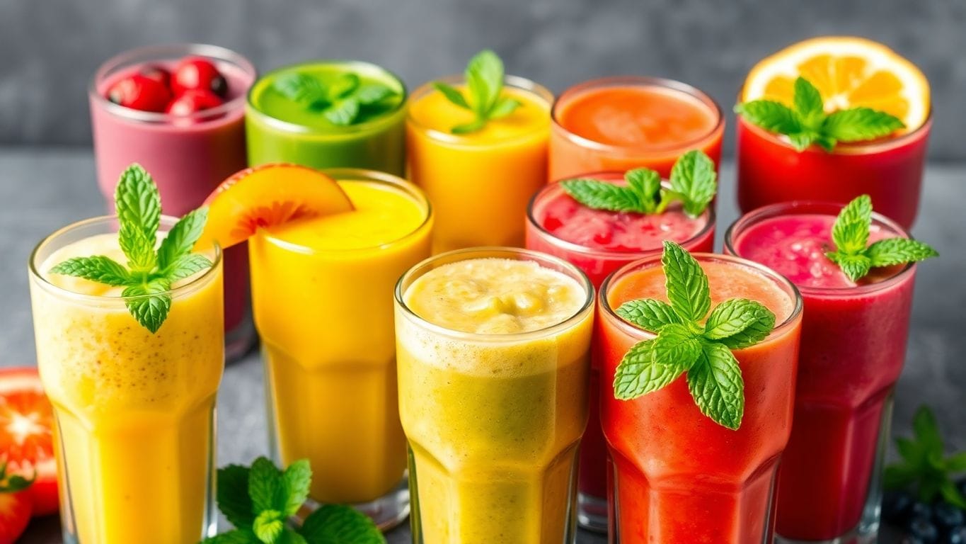 Bunte Smoothies in Gläsern mit frischen Früchten.