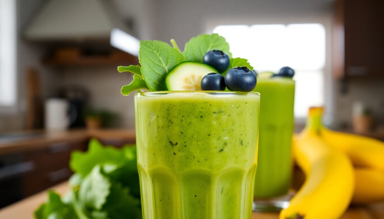 Green smoothie with spinach and cucumber in a glass.