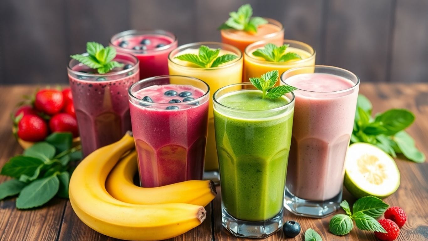 Bunte Smoothies in Gläsern mit frischen Früchten.