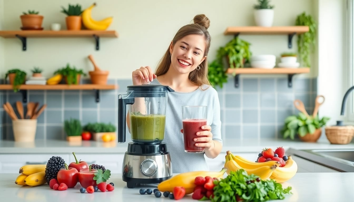 Happy woman making smoothies with fresh ingredients.