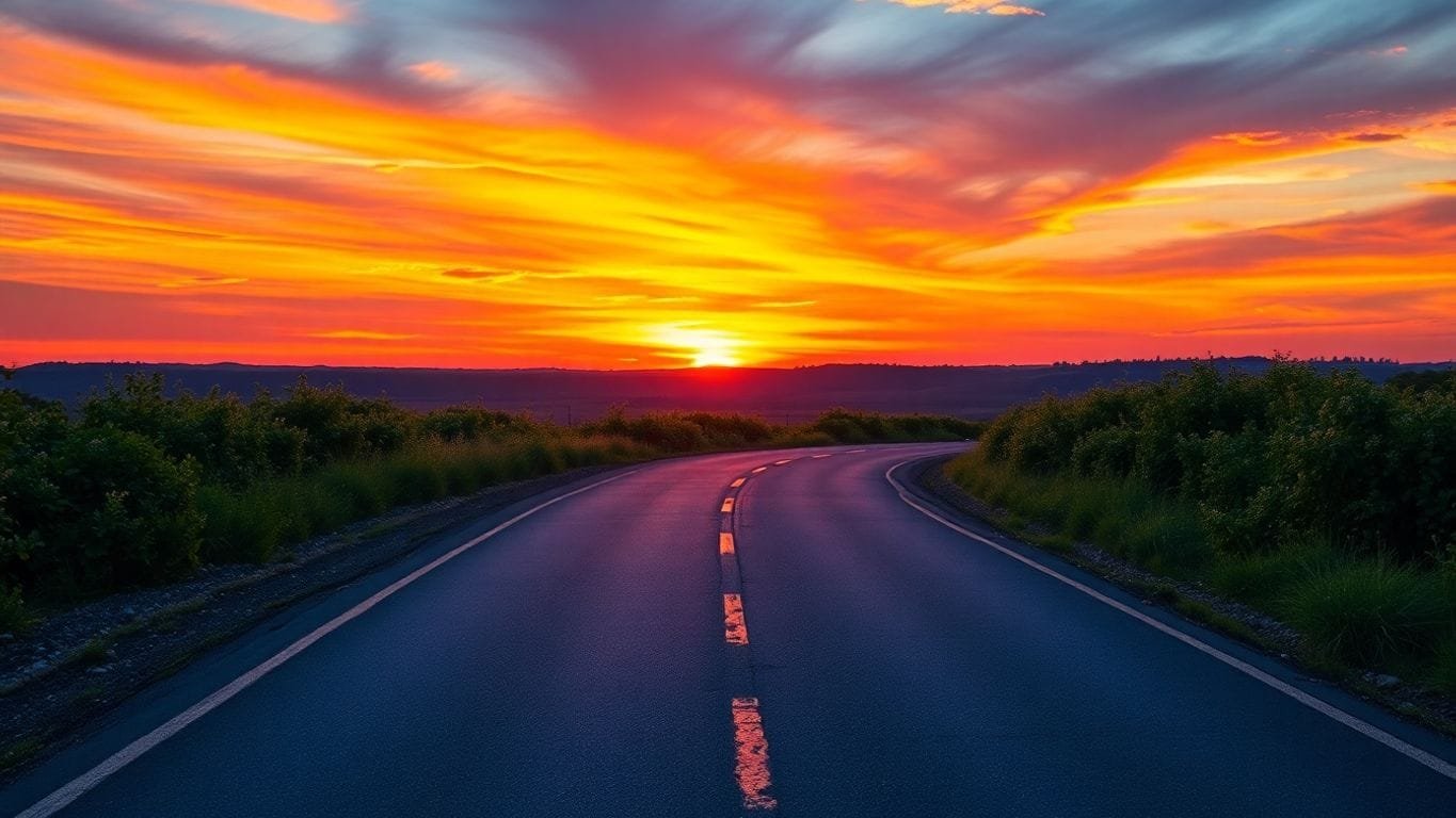 Sonnenuntergang über einer Straße, die in die Ferne führt.