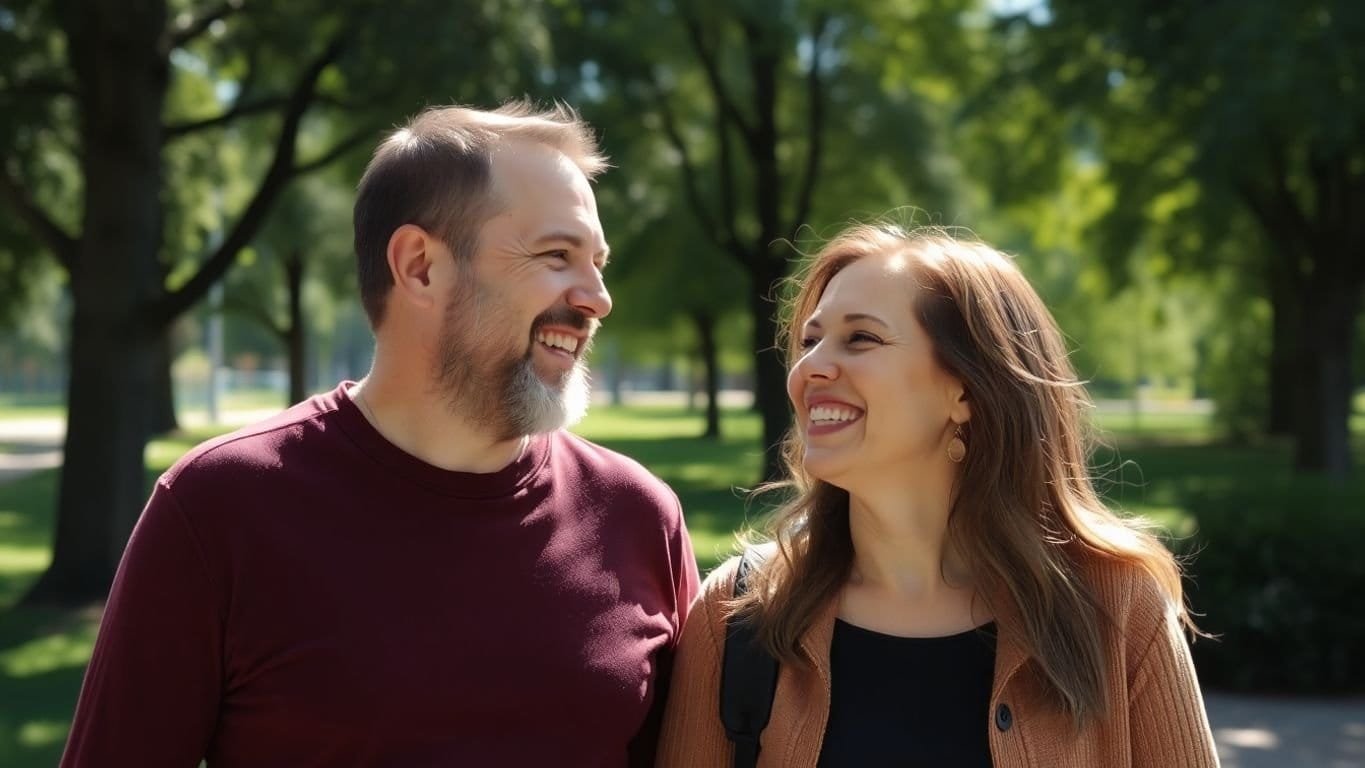 Ein Mann und eine Frau lachen zusammen im Park.