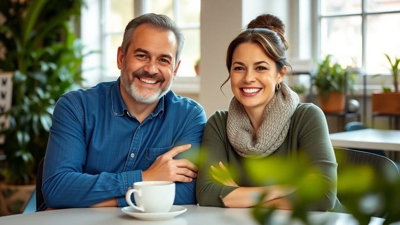 Mann und Frau lächeln bei Kaffee im Freien.