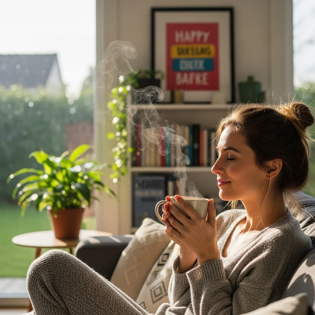 Stressfrei leben Eine entspannte Mutter die sich einen Tee gönnt