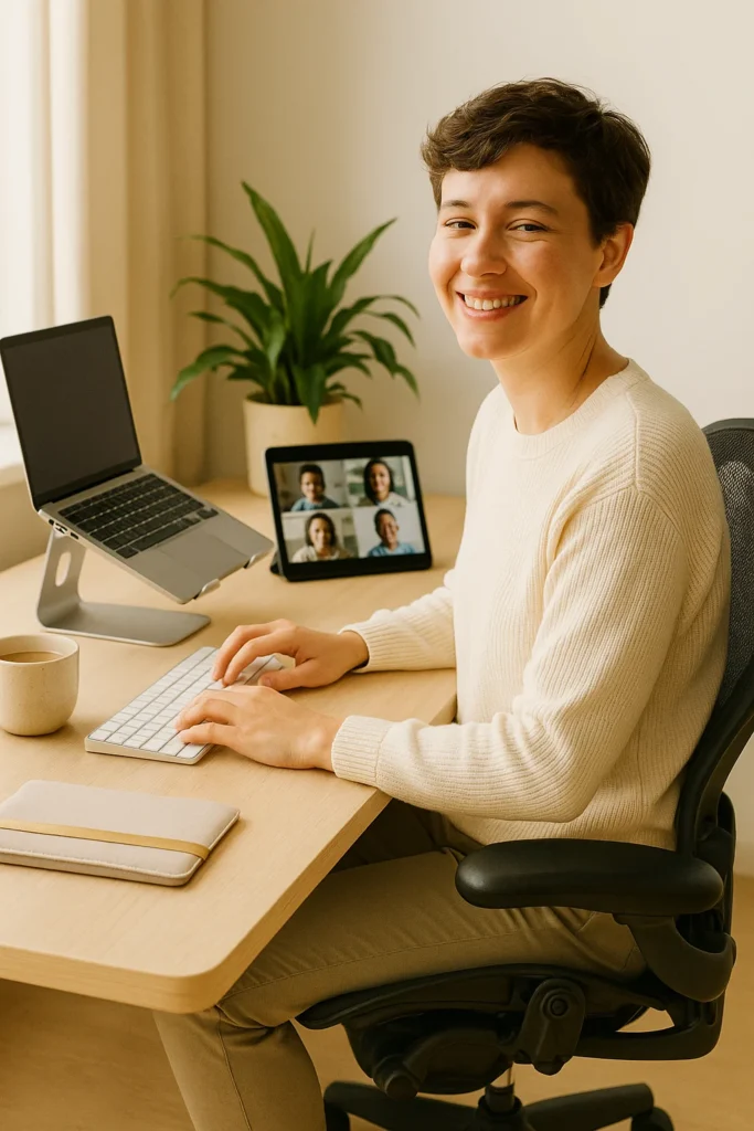 5 Wege, wie Hybrides Arbeiten deine Karriere verändert Eine Person lächelt entspannt, arbeitet an einem ergonomischen Arbeitsplatz im Homeoffice