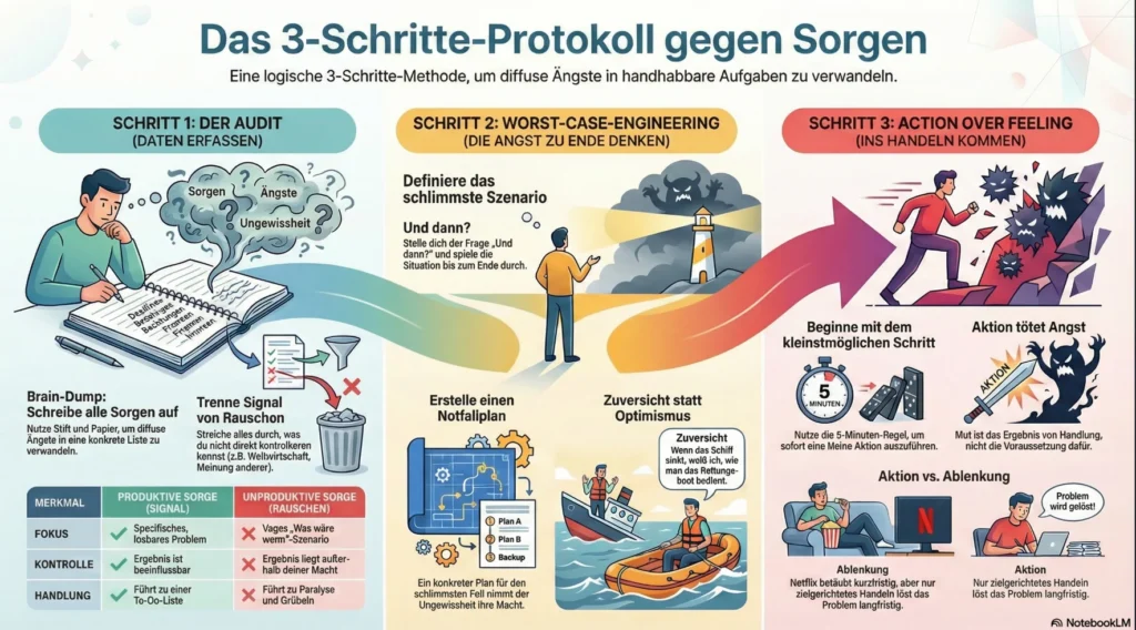 Sorgen und Ängste bewältigen: Das 3-Schritte-Protokoll statt ewiger Therapie 3-Schritte-Protokoll: Sorgen in Aufgaben verwandeln.