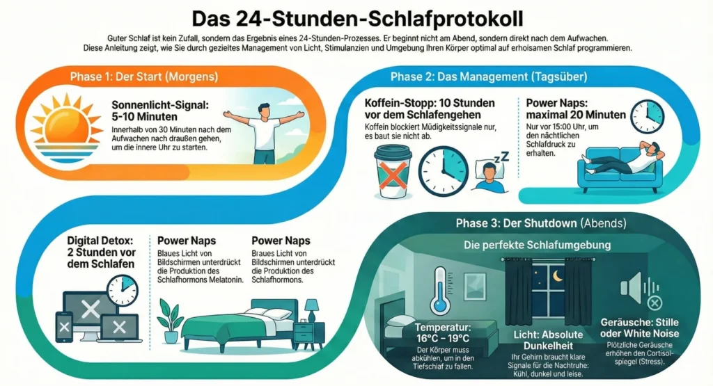 Optimale Schlafhygiene: Das 24-Stunden-Protokoll (Kein Tee, keine Ausreden) Das 24-Stunden-Schlafprotokoll