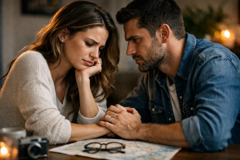 4 Saeulen einer Beziehung: ein Paar sitzt angespannt, aber verbunden am Tisch und ringt um Vertrauen, Kommunikation, Respekt und gemeinsame Ausrichtung