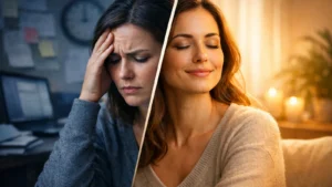 Sorgenfrei durchs Leben: eine Frau zwischen ?berforderung und innerer Ruhe im Vorher-nachher-Kontrast