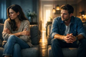 Beziehung retten nach Fremdgehen: ein Paar sitzt nach einem Vertrauensbruch mit sp?rbarer Distanz und vorsichtiger Offenheit gegen?ber