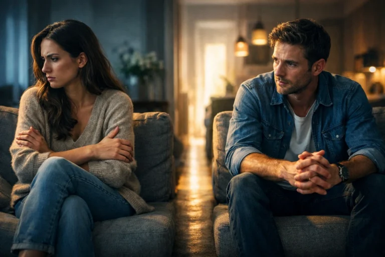 Beziehung retten nach Fremdgehen: ein Paar sitzt nach einem Vertrauensbruch mit sp?rbarer Distanz und vorsichtiger Offenheit gegen?ber