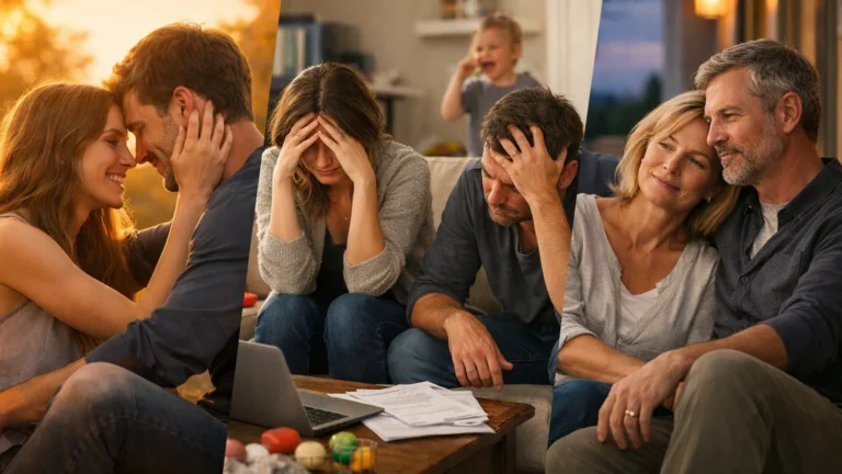 Beziehungen in verschiedenen Lebensphasen: ein Paar zwischen frueher Naehe, Familienalltag und spaeter Verbundenheit