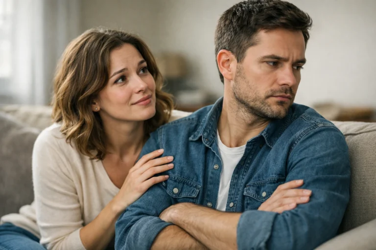 Bindungsangst Test: zwei Menschen sitzen nah beieinander, aber einer wirkt emotional angespannt und zieht sich innerlich zur?ck