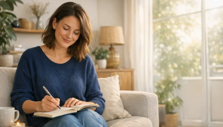 Entspannte Person schreibt morgens in ein Dankbarkeitstagebuch als Symbol fuer Dankbarkeit im Alltag