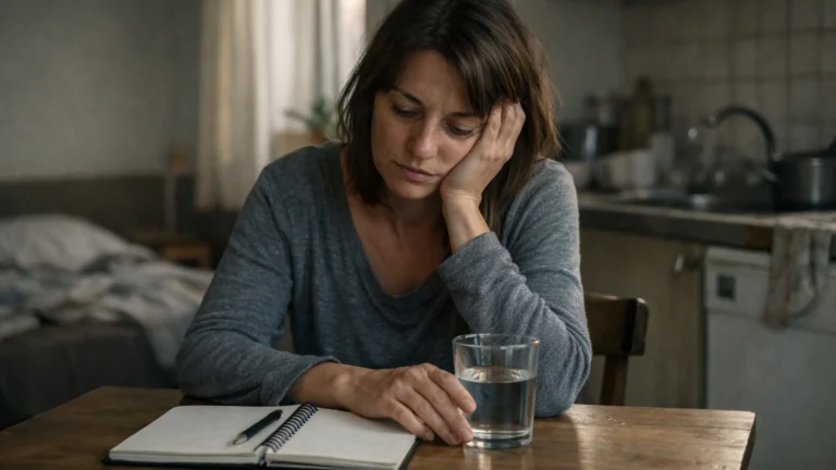 Depression Selbsthilfe: eine erschöpfte Person sitzt morgens mit Wasser und Notizbuch am Tisch und versucht den Tag in kleinen Schritten zu stabilisieren