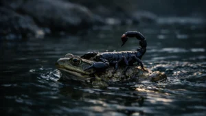 Die Geschichte vom Skorpion und dem Frosch: ein Frosch traegt einen Skorpion durch dunkles Wasser