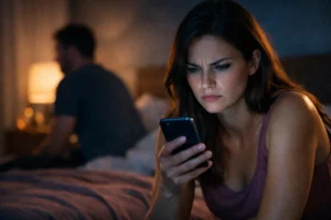 Angespannte Frau schaut nachts auf ihr Smartphone, waehrend ein unscharfer Partner im Hintergrund sitzt