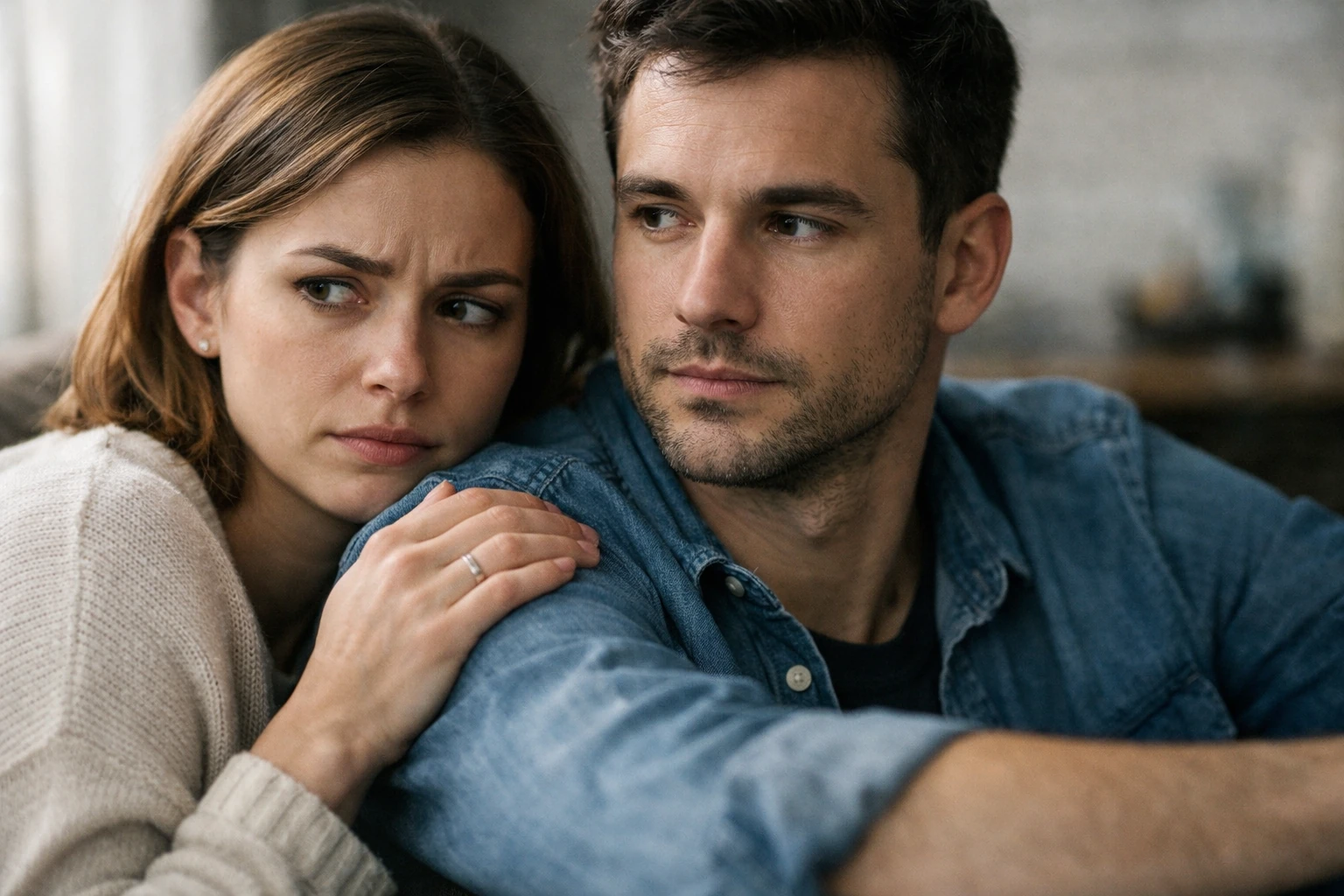 Eifersucht, Vertrauen und Bindung: zwei Menschen sind sich nah, aber eine spürbare Unsicherheit liegt zwischen ihnen