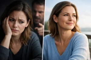 Frau in manipulativer Gespr?chssituation links und rechts sichtbar in ruhiger Selbstklarheit